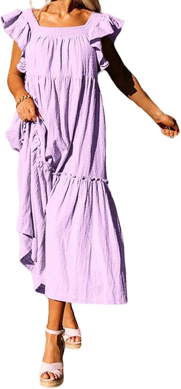 Summer Dresses for Women Casual Ruffle Cap Sleeve Maxi Dress Aline Flowy Tiered Baby Doll Dress Long Beach Sundress