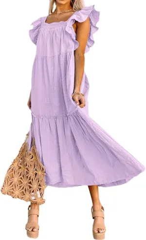 Summer Dresses for Women Casual Ruffle Cap Sleeve Maxi Dress Aline Flowy Tiered Baby Doll Dress Long Beach Sundress