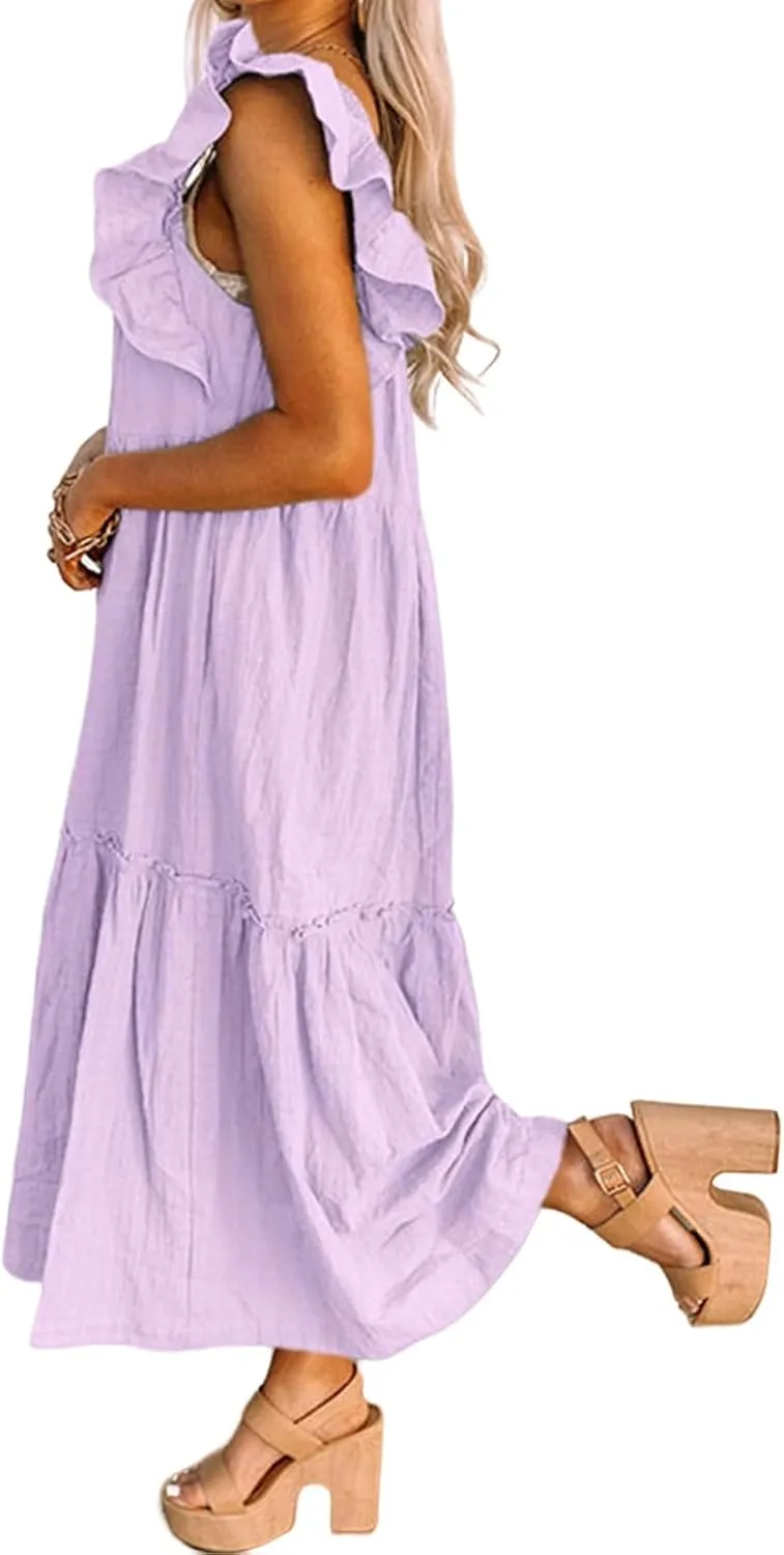 Summer Dresses for Women Casual Ruffle Cap Sleeve Maxi Dress Aline Flowy Tiered Baby Doll Dress Long Beach Sundress