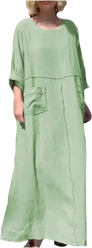 Summer Dresses for Women Plus Size Long Sleeve Maxi Dress Crew Neck Dresses with Pocket Cotton Linen Maxi Sundress