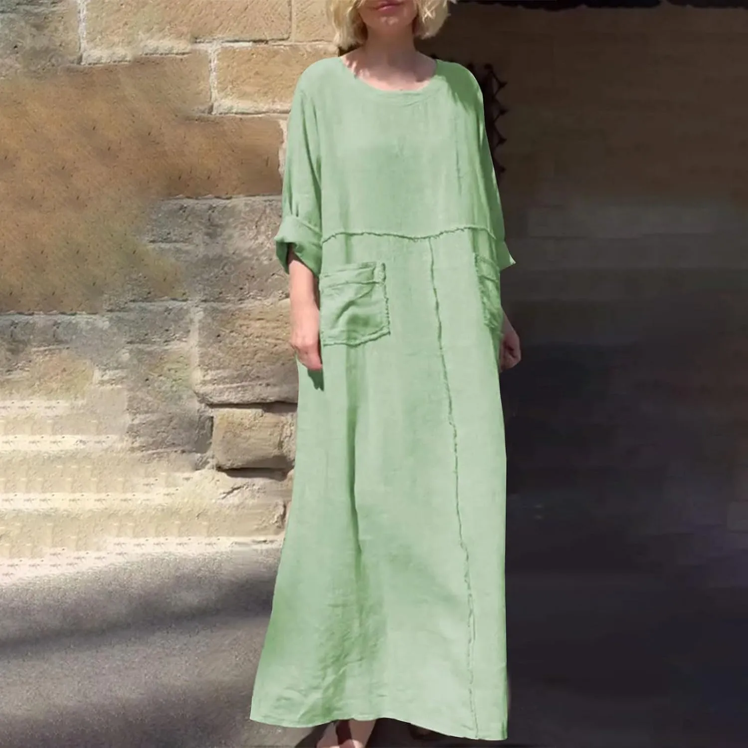 Summer Dresses for Women Plus Size Long Sleeve Maxi Dress Crew Neck Dresses with Pocket Cotton Linen Maxi Sundress