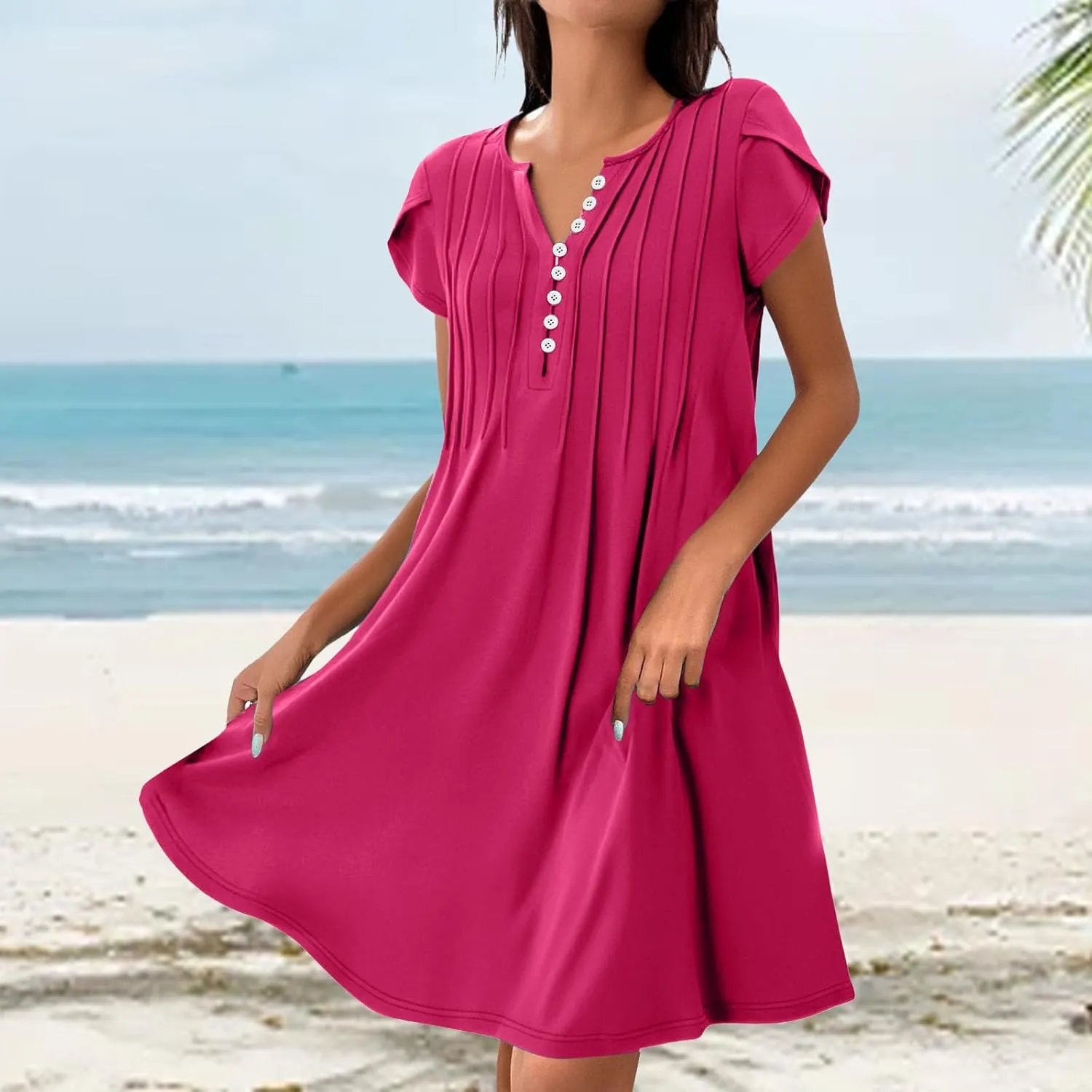 Sundresses for Women Summer Casual Beach Dresses 2025 Vacation Swim Cover Up V Neck Summer Dress Button Mini Dresses