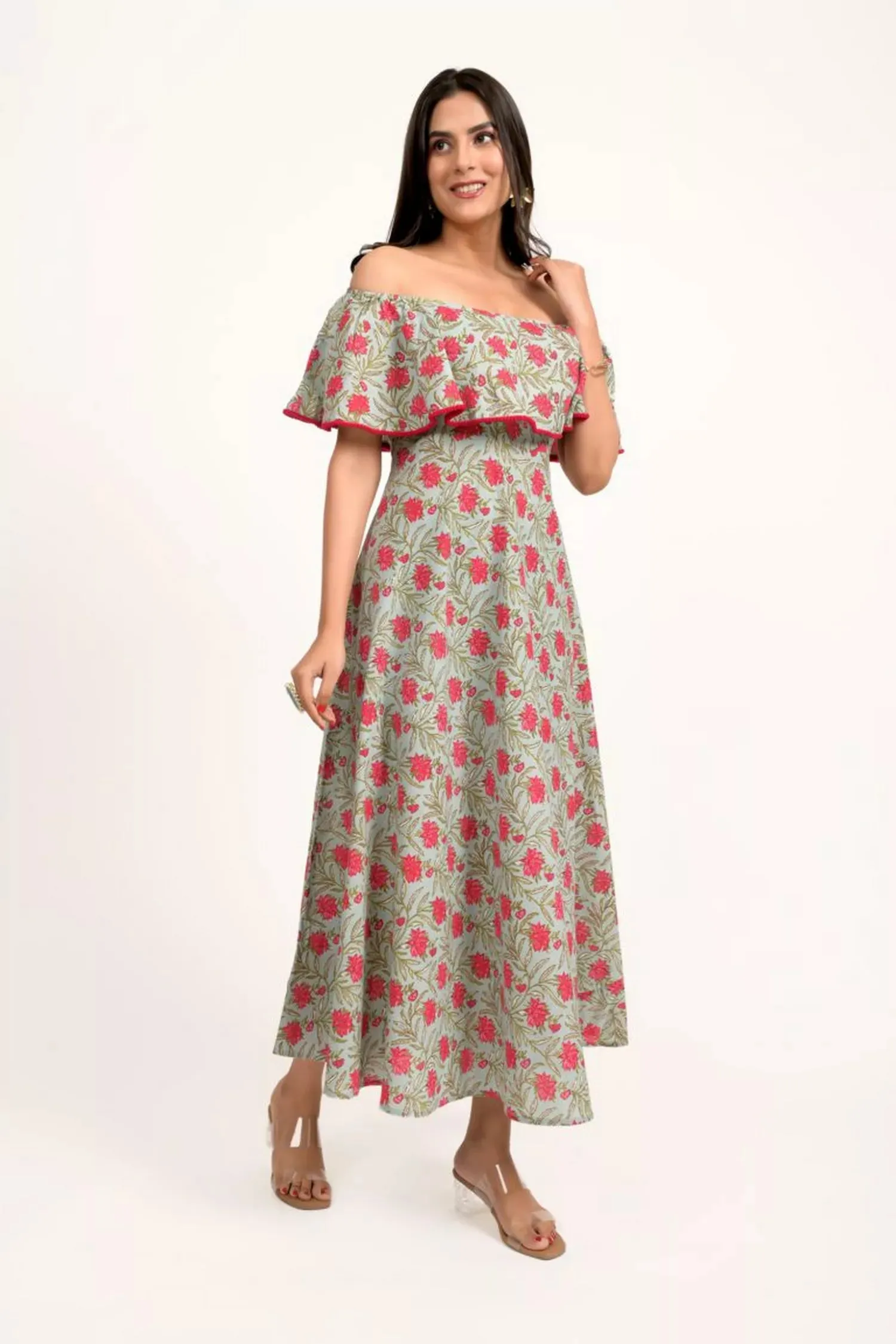 Teal Blue And Hot Pink Floral Printed Off Shoulder Long Dress