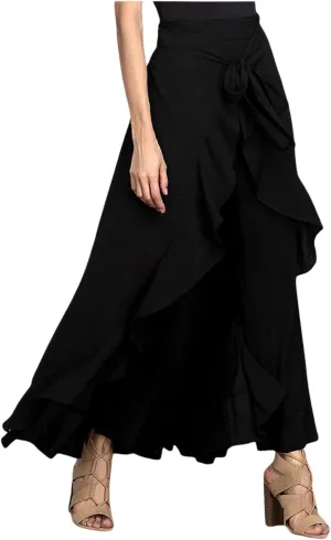 utcoco Women's 2025 Trendy Casual Chiffon Elastic High Waist Pants Culottes Tie Front Ruffle Boho Flowy Maxi Skirts
