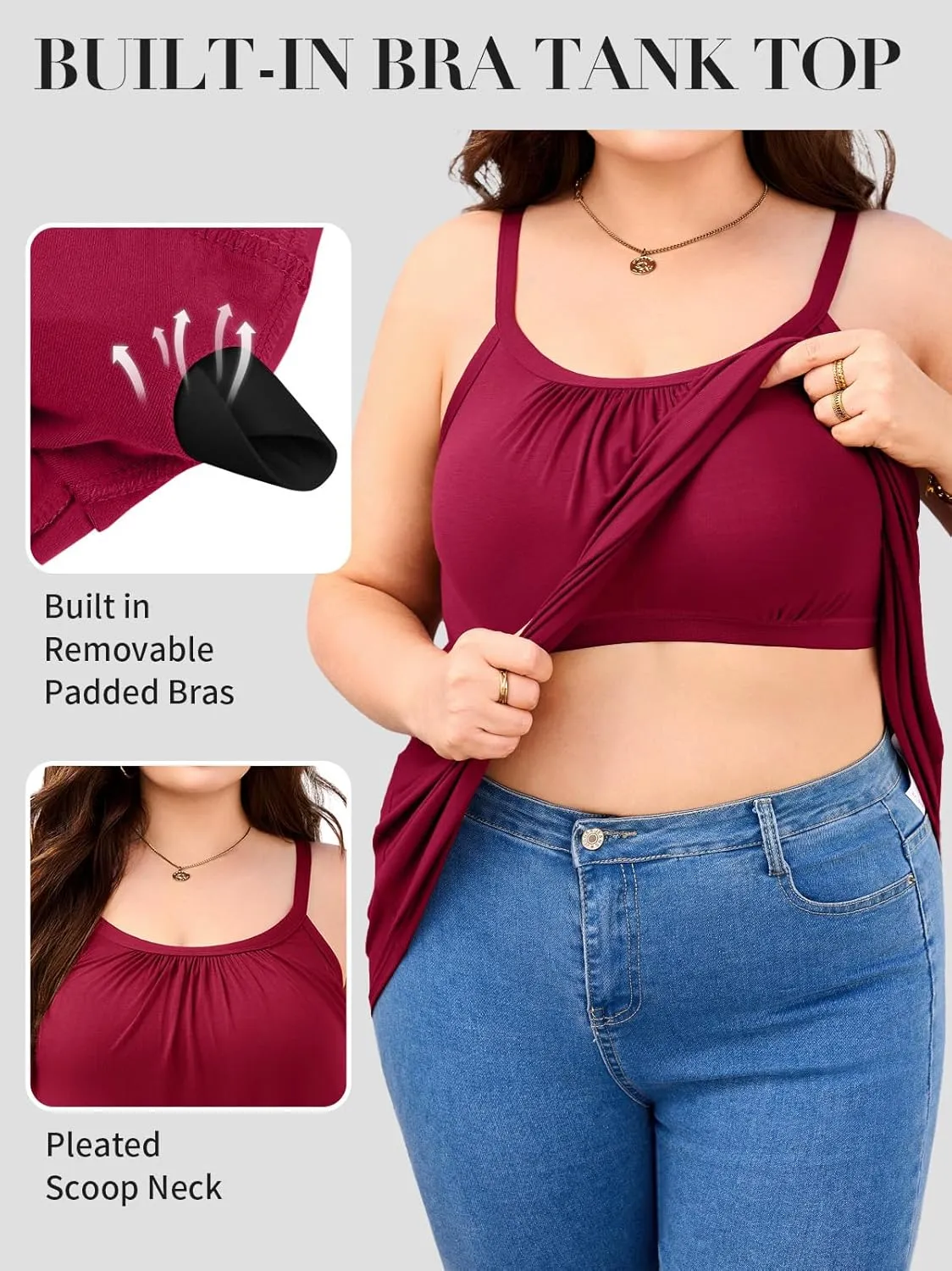 V FOR CITY Women's Plus Size Tank Tops with Built in Bra Adjustable Strap Camisole Summer Loose Cami Shirt 1X-4X