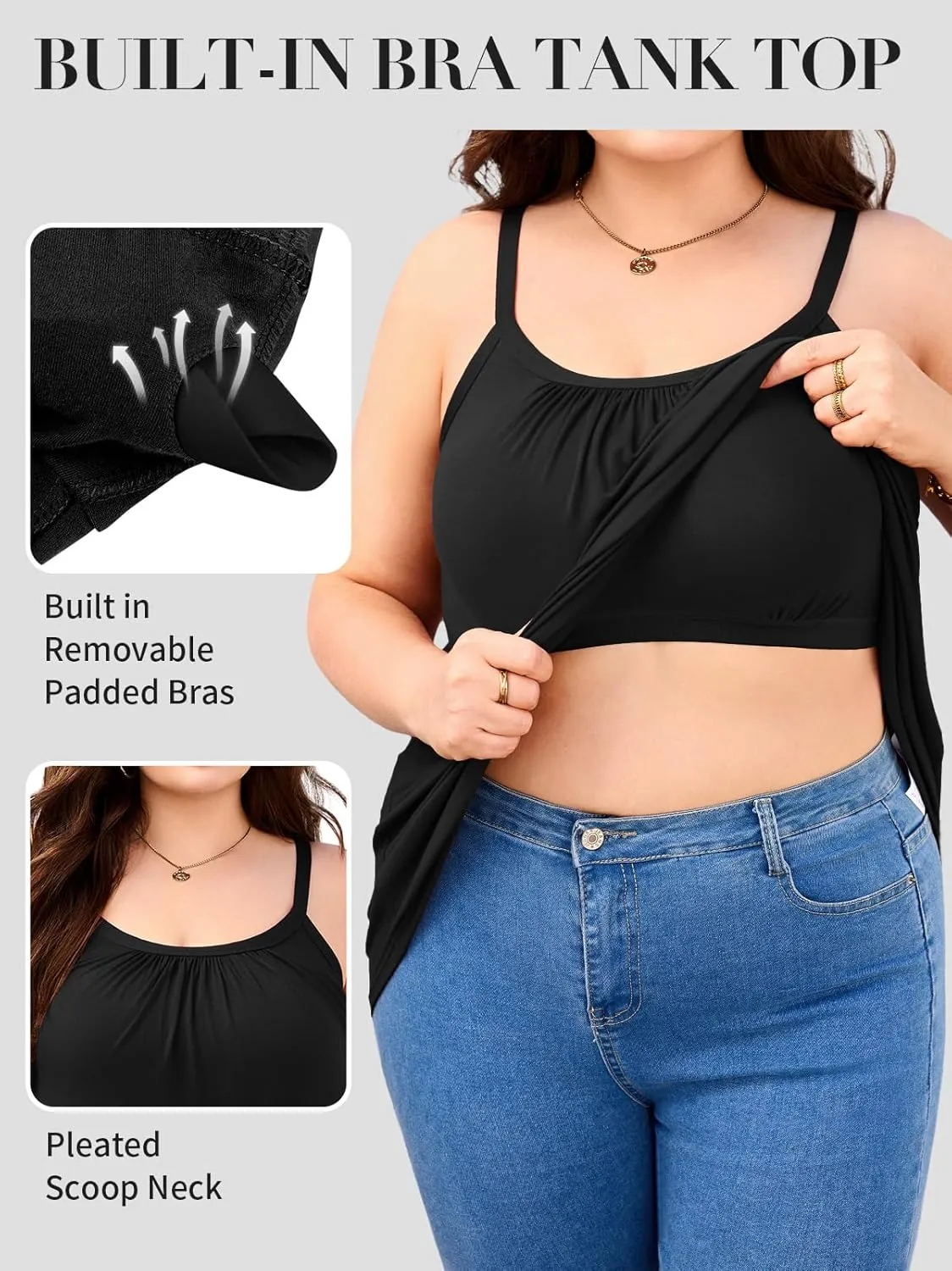 V FOR CITY Women's Plus Size Tank Tops with Built in Bra Adjustable Strap Camisole Summer Loose Cami Shirt 1X-4X