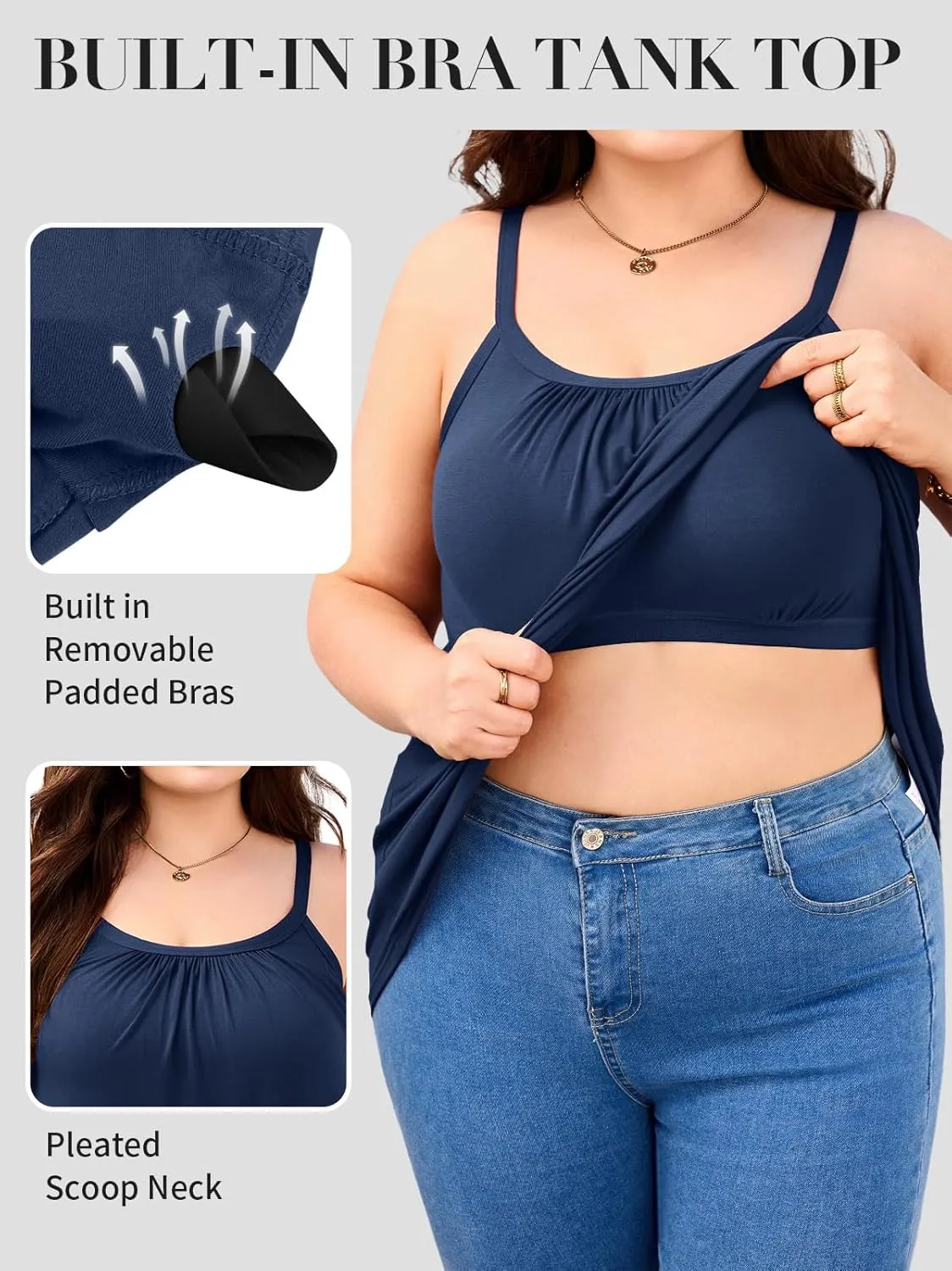 V FOR CITY Women's Plus Size Tank Tops with Built in Bra Adjustable Strap Camisole Summer Loose Cami Shirt 1X-4X