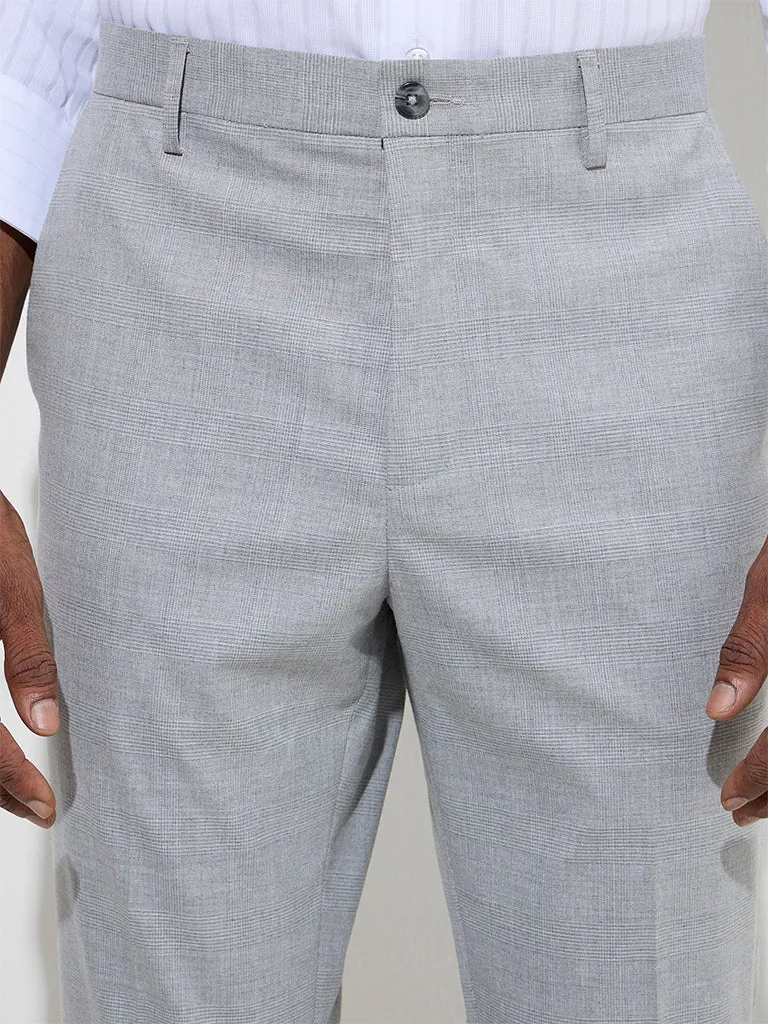 WES Formals Grey Self Pattern Relaxed-Fit Mid-Rise Trousers