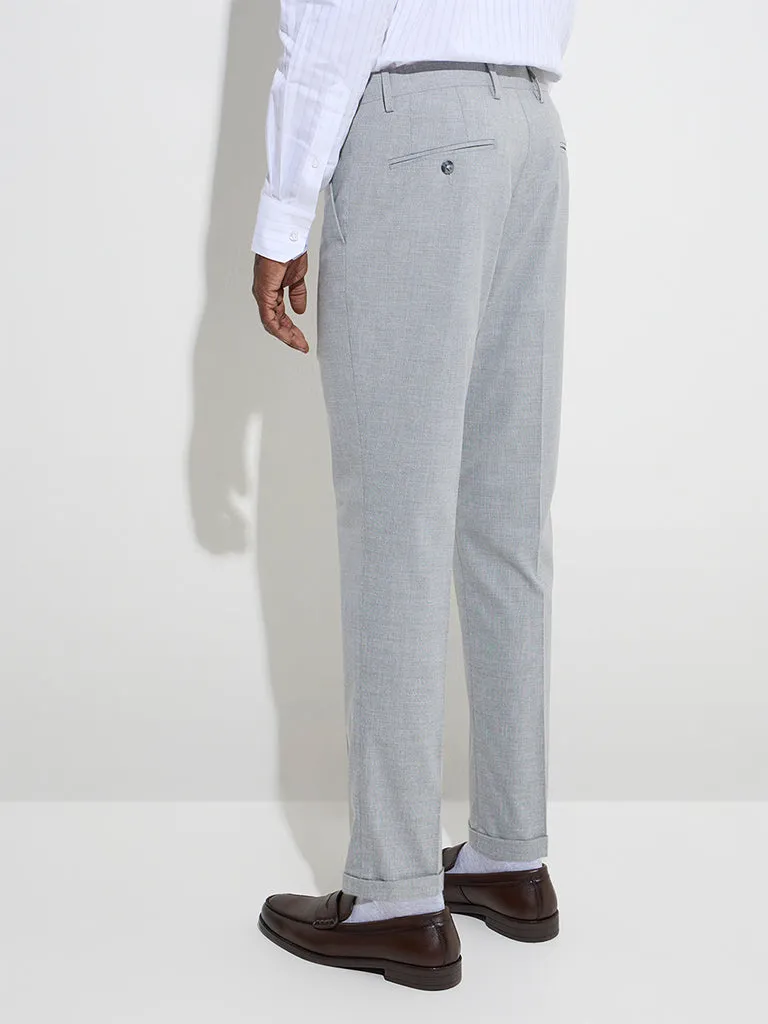 WES Formals Grey Self Pattern Relaxed-Fit Mid-Rise Trousers