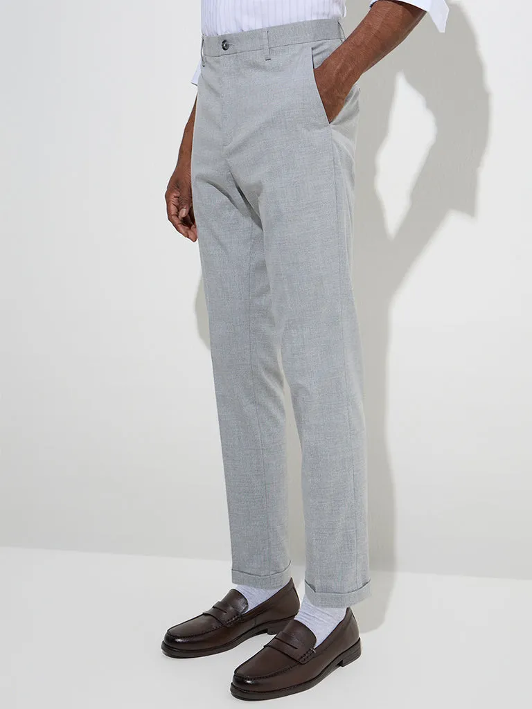 WES Formals Grey Self Pattern Relaxed-Fit Mid-Rise Trousers
