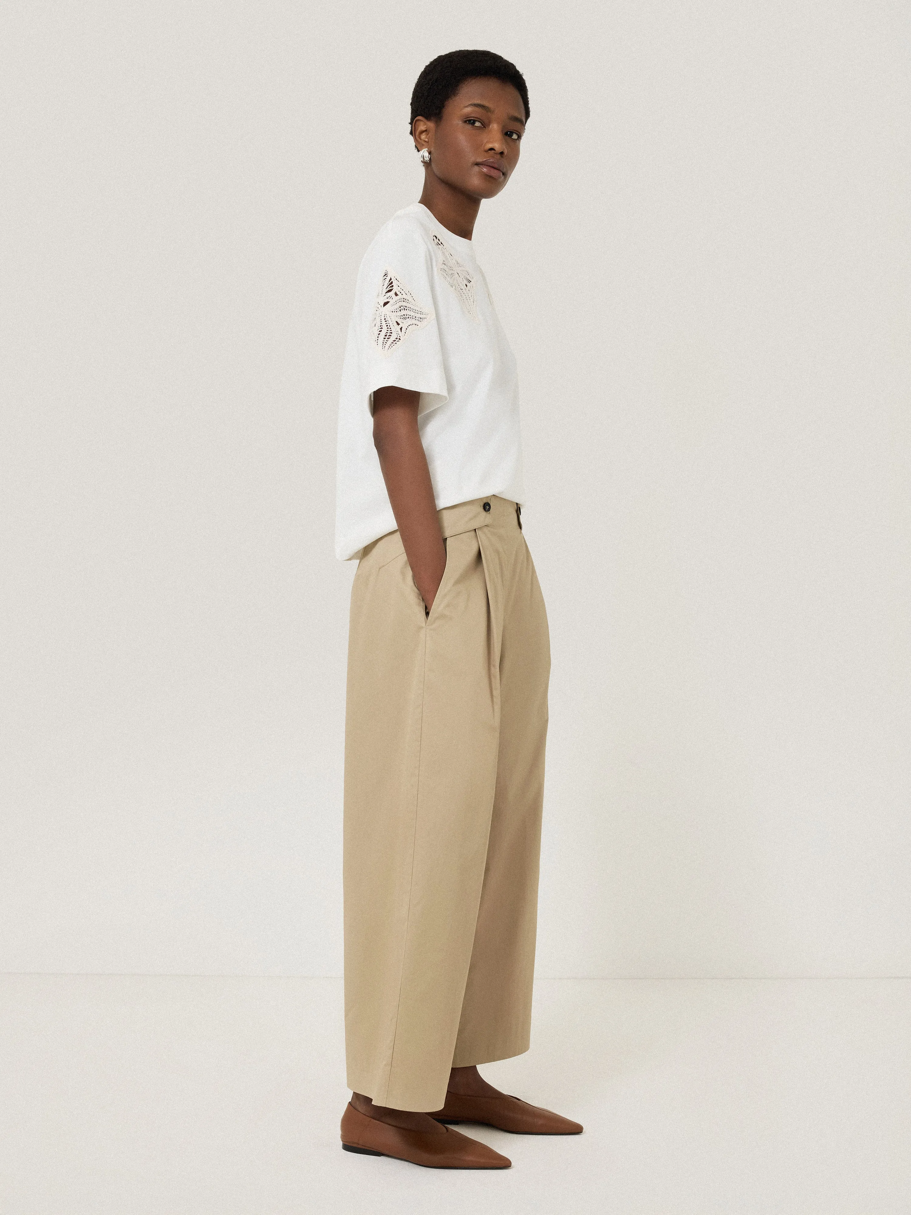 Wide Leg Cotton Trouser | Stone