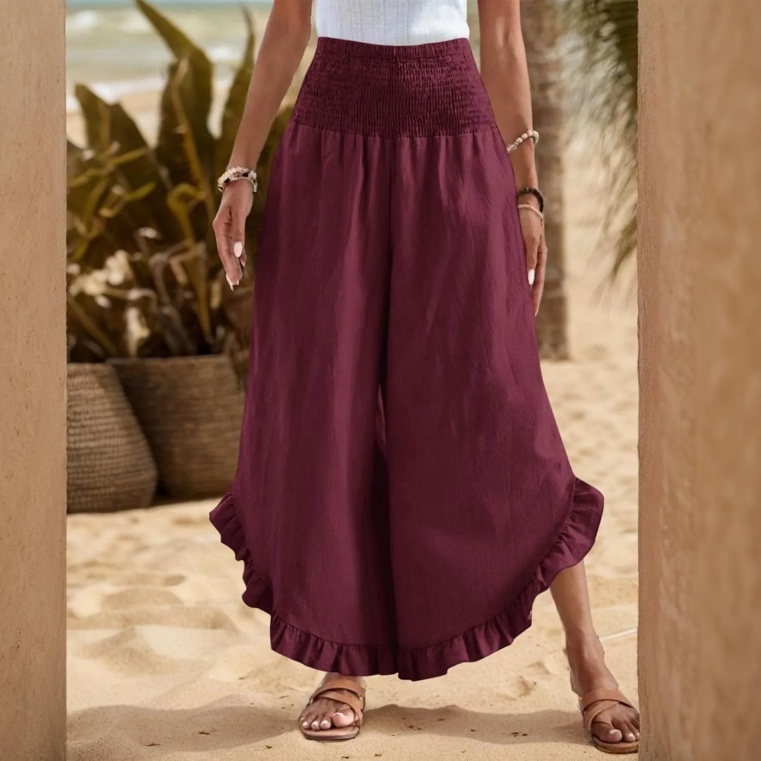 Wide Leg Linen Pants for Women Lightweight Somcked High Waisted Palazzo Pants Ruffle Hem Flowy Culottes with Pockets