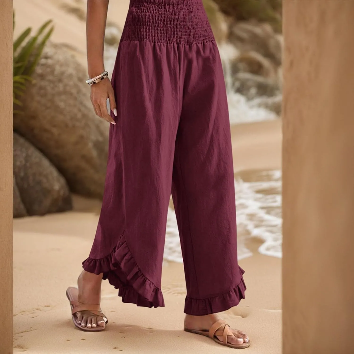 Wide Leg Linen Pants for Women Lightweight Somcked High Waisted Palazzo Pants Ruffle Hem Flowy Culottes with Pockets