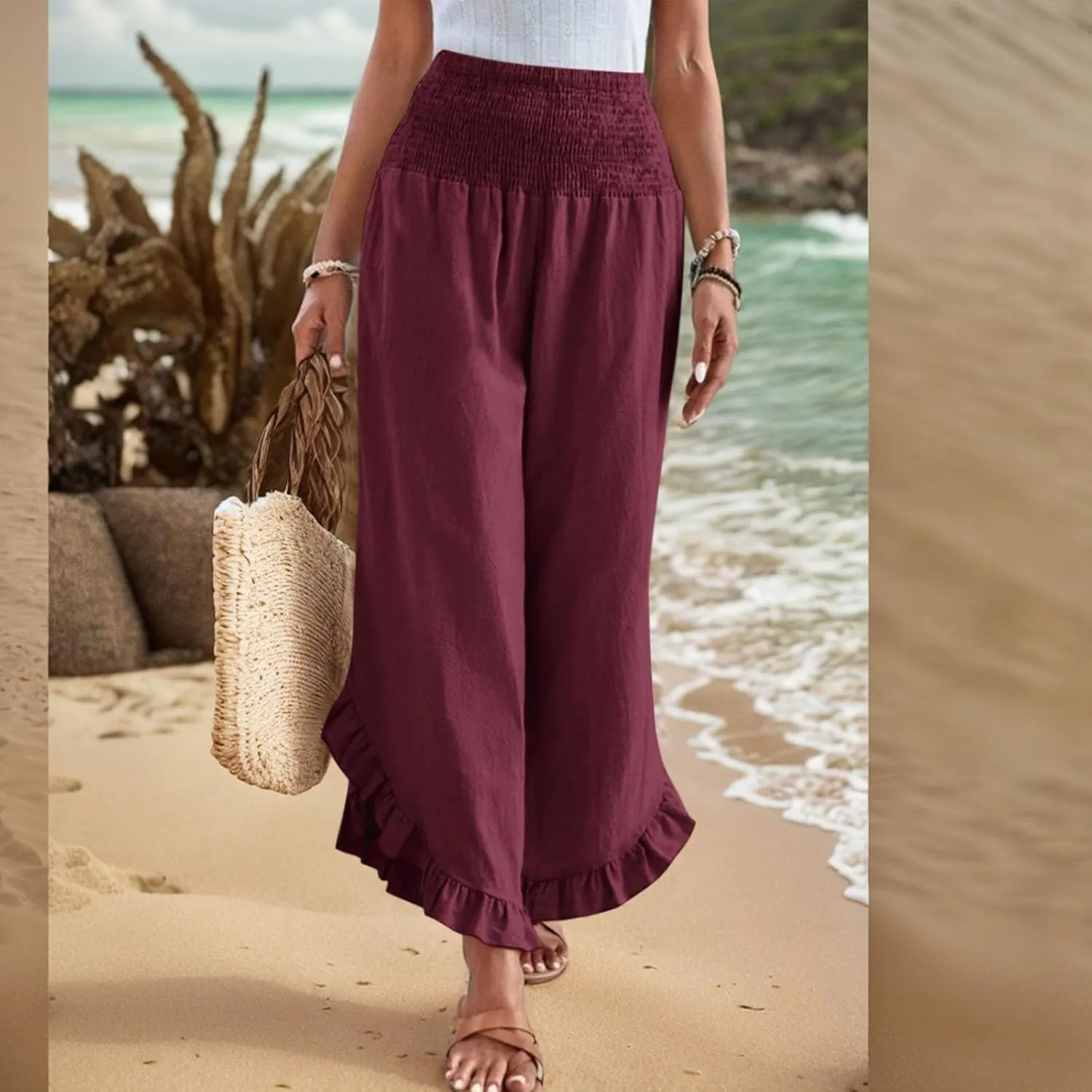 Wide Leg Linen Pants for Women Lightweight Somcked High Waisted Palazzo Pants Ruffle Hem Flowy Culottes with Pockets