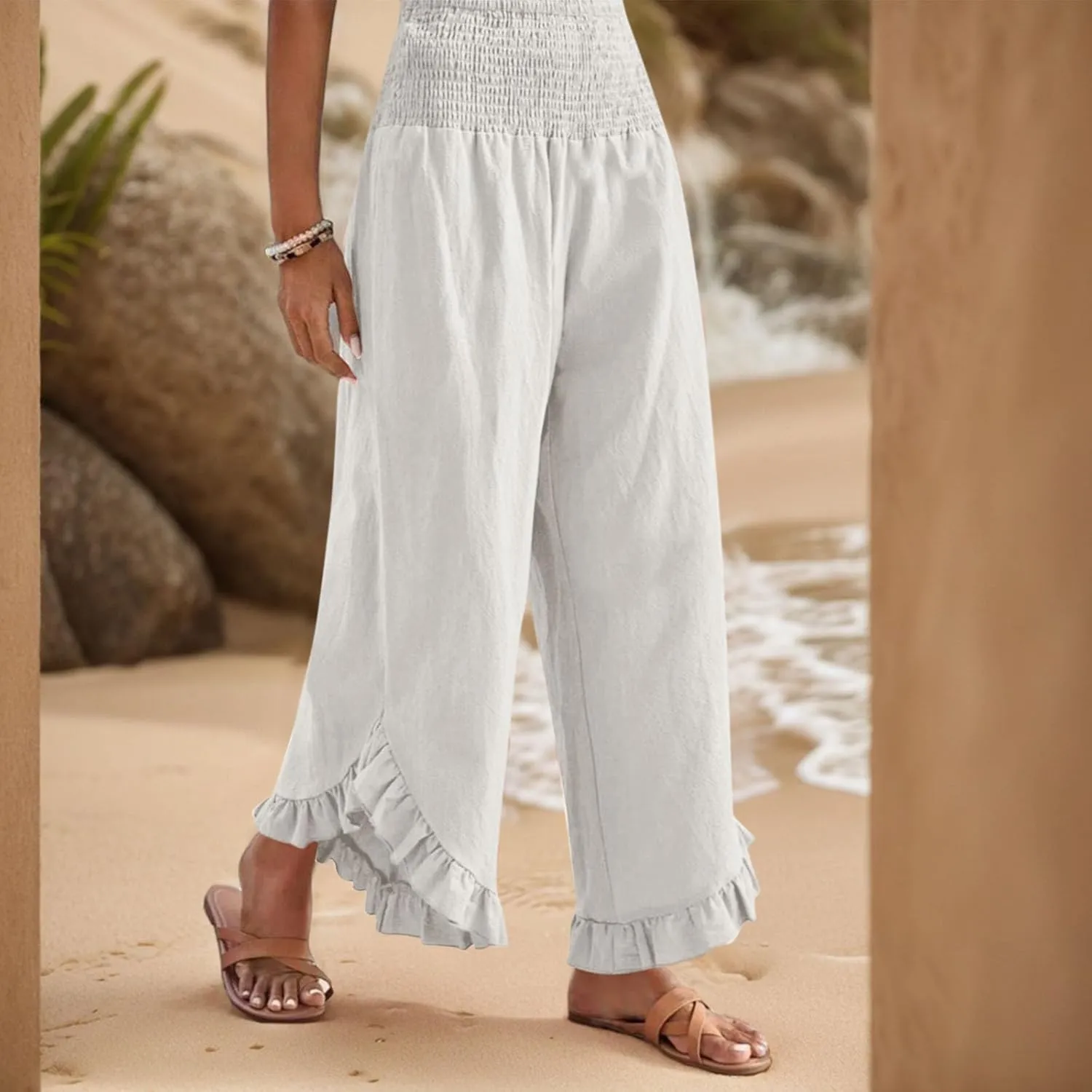 Wide Leg Linen Pants for Women Lightweight Somcked High Waisted Palazzo Pants Ruffle Hem Flowy Culottes with Pockets