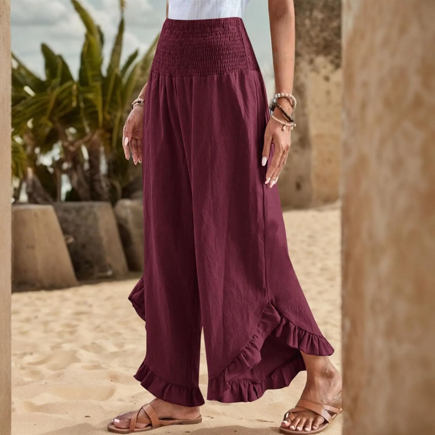 Wide Leg Linen Pants for Women Lightweight Somcked High Waisted Palazzo Pants Ruffle Hem Flowy Culottes with Pockets