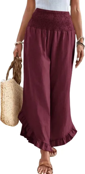 Wide Leg Linen Pants for Women Lightweight Somcked High Waisted Palazzo Pants Ruffle Hem Flowy Culottes with Pockets