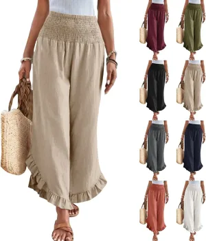 Wide Leg Linen Pants for Women Lightweight Somcked High Waisted Palazzo Pants Ruffle Hem Flowy Culottes with Pockets