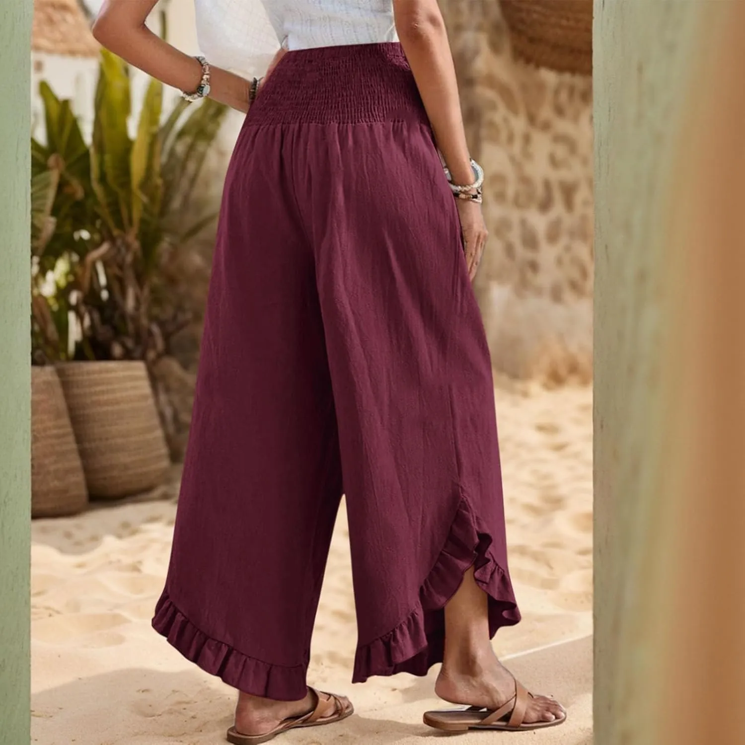 Wide Leg Linen Pants for Women Lightweight Somcked High Waisted Palazzo Pants Ruffle Hem Flowy Culottes with Pockets
