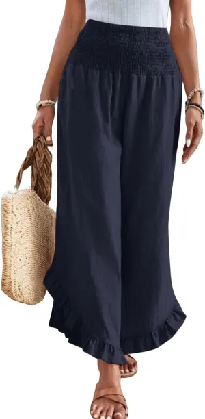 Wide Leg Linen Pants for Women Ruffle Hem Smocked High Waisted Flowy Pants Lightweight Comfy Culottes with Pockets