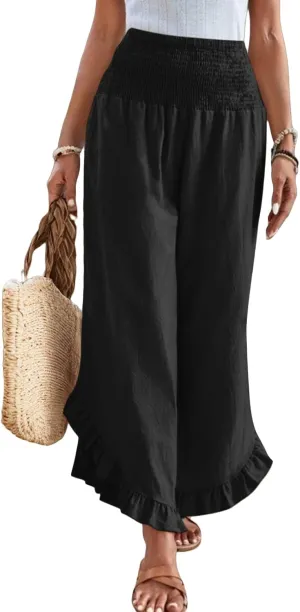 Wide Leg Linen Pants for Women Ruffle Hem Smocked High Waisted Flowy Pants Lightweight Comfy Culottes with Pockets