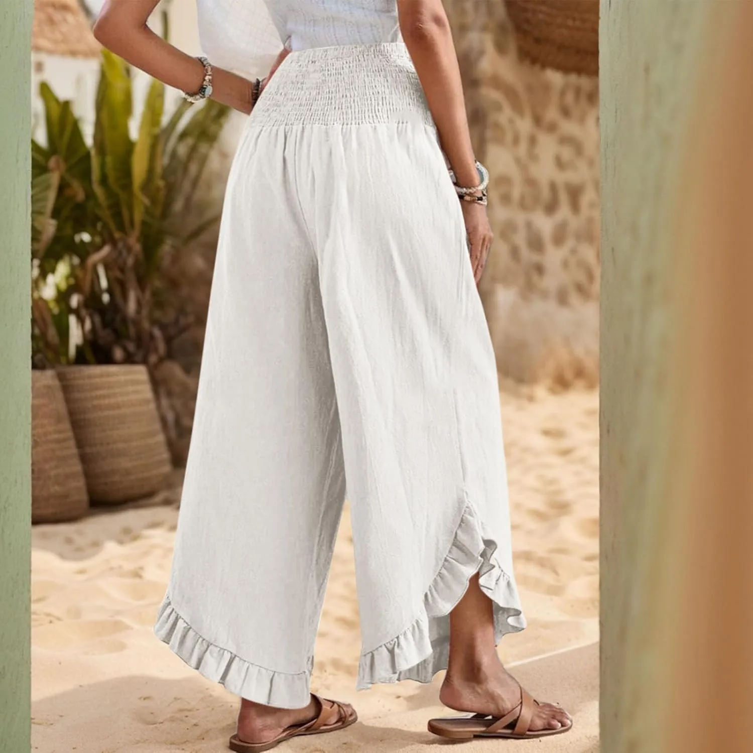 Wide Leg Linen Pants for Women Ruffle Hem Smocked High Waisted Flowy Pants Lightweight Comfy Culottes with Pockets