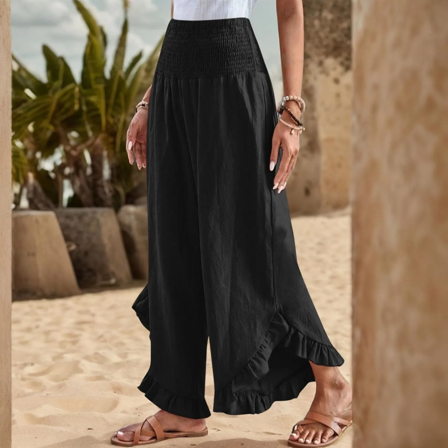 Wide Leg Linen Pants for Women Ruffle Hem Smocked High Waisted Flowy Pants Lightweight Comfy Culottes with Pockets
