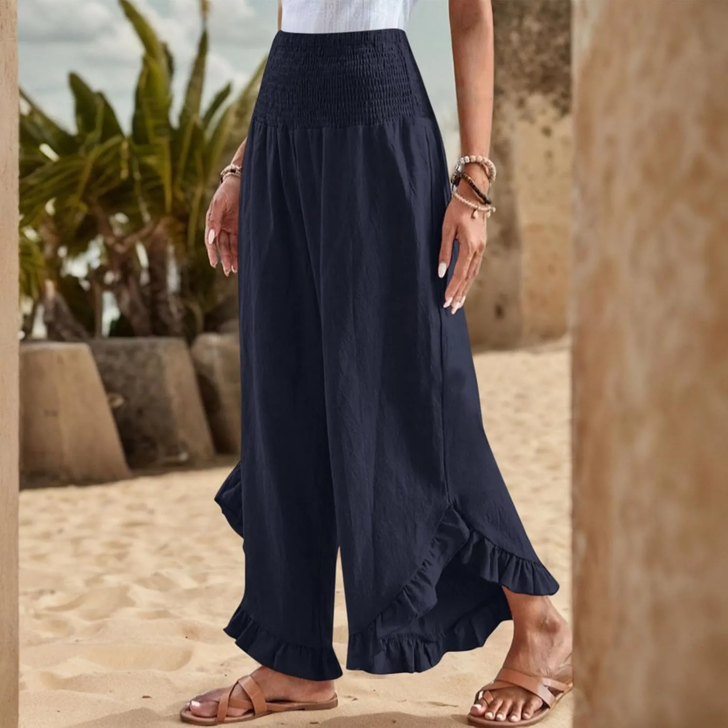 Wide Leg Linen Pants for Women Ruffle Hem Smocked High Waisted Flowy Pants Lightweight Comfy Culottes with Pockets