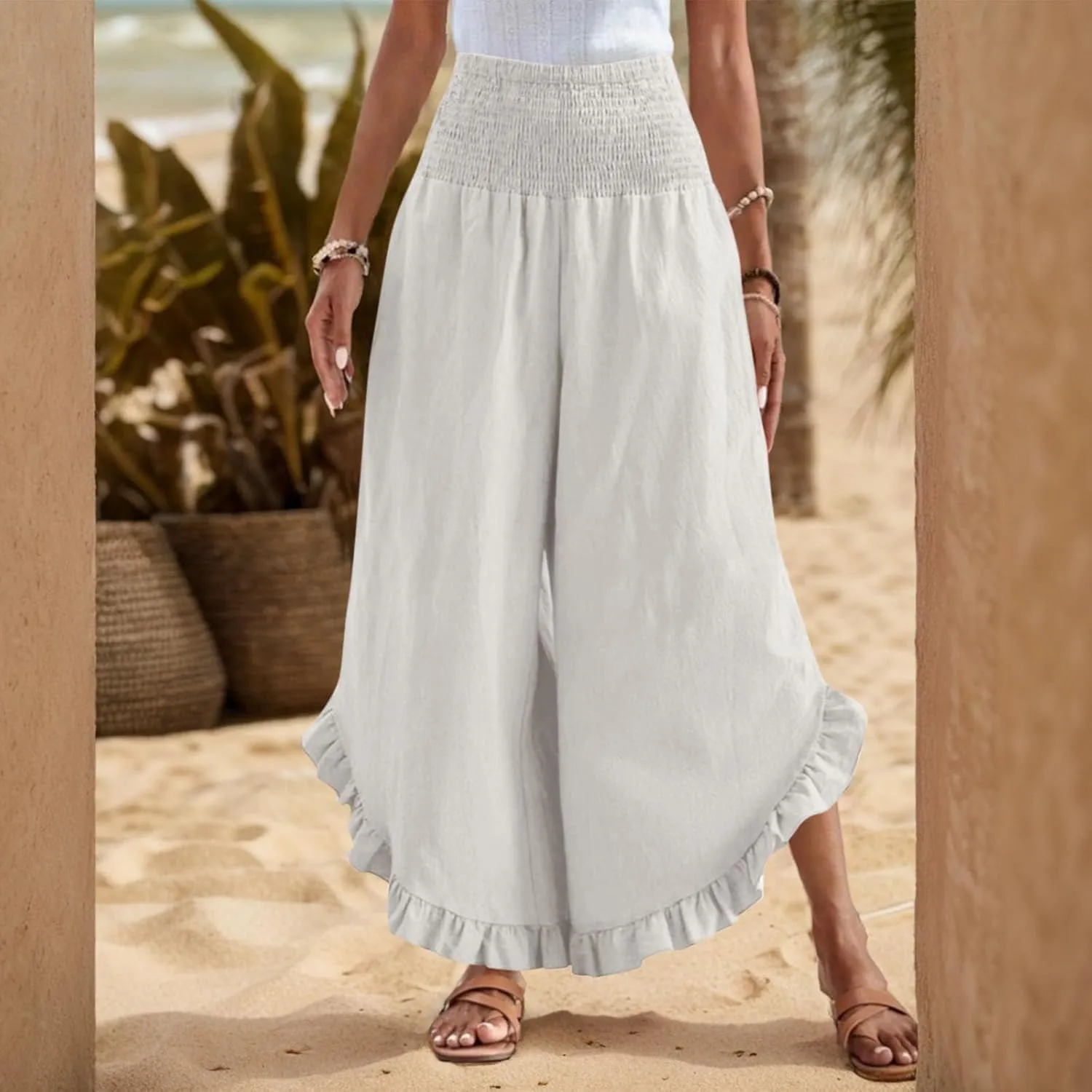 Wide Leg Linen Pants for Women Ruffle Hem Smocked High Waisted Flowy Pants Lightweight Comfy Culottes with Pockets