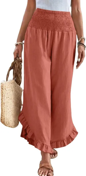 Wide Leg Linen Pants for Women Ruffle Hem Smocked High Waisted Flowy Pants Lightweight Comfy Culottes with Pockets