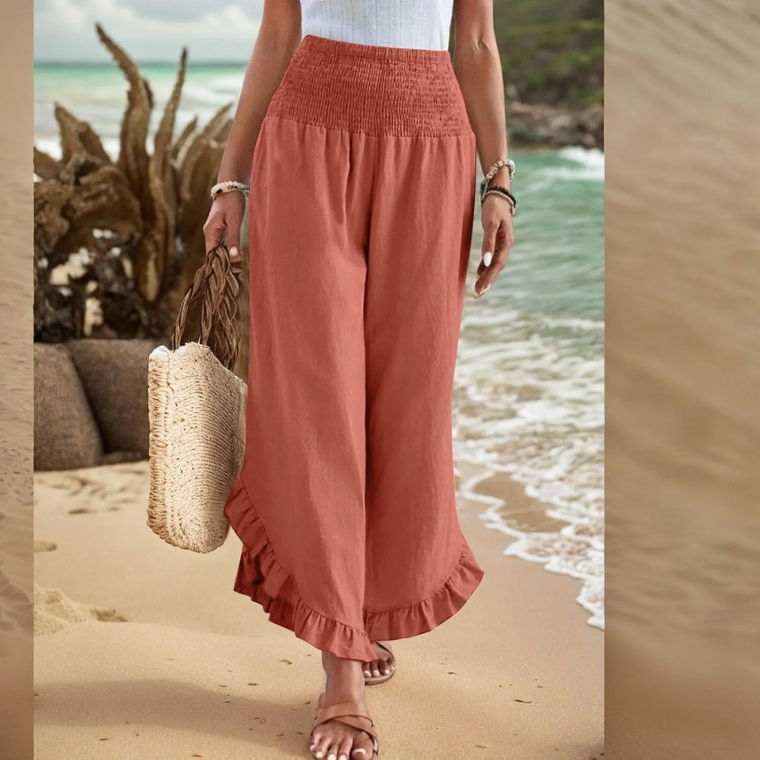 Wide Leg Linen Pants for Women Ruffle Hem Smocked High Waisted Flowy Pants Lightweight Comfy Culottes with Pockets