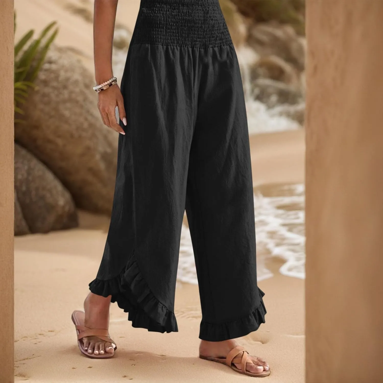 Wide Leg Linen Pants for Women Ruffle Hem Smocked High Waisted Flowy Pants Lightweight Comfy Culottes with Pockets