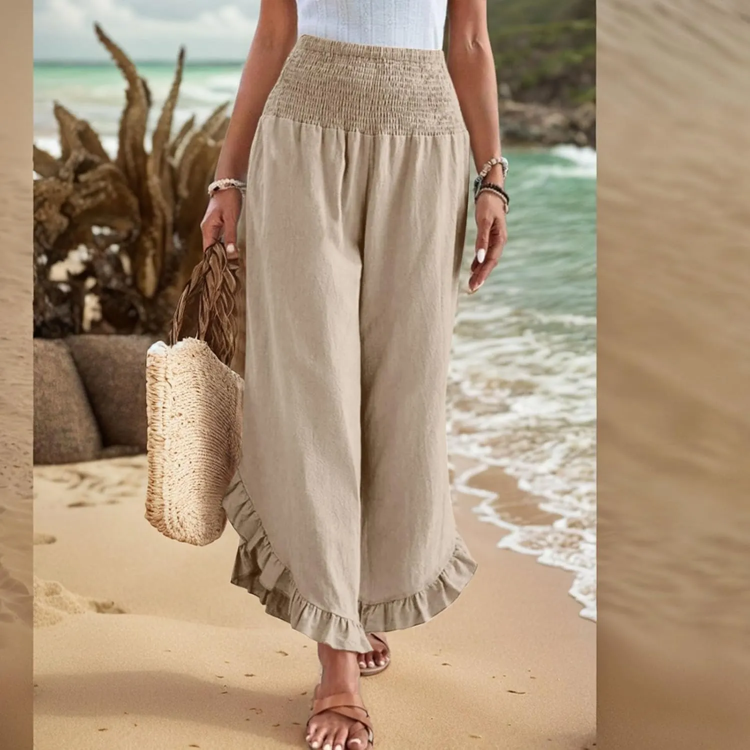 Wide Leg Linen Pants for Women Ruffle Hem Smocked High Waisted Flowy Pants Lightweight Comfy Culottes with Pockets