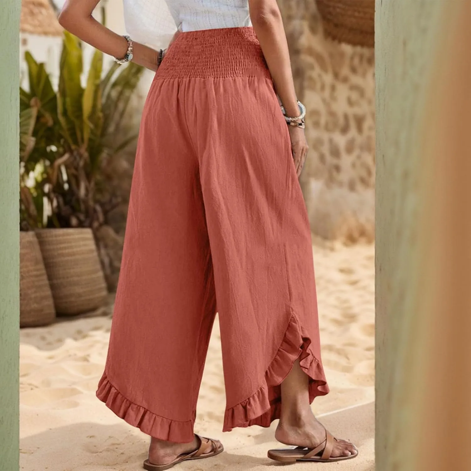 Wide Leg Linen Pants for Women Ruffle Hem Smocked High Waisted Flowy Pants Lightweight Comfy Culottes with Pockets