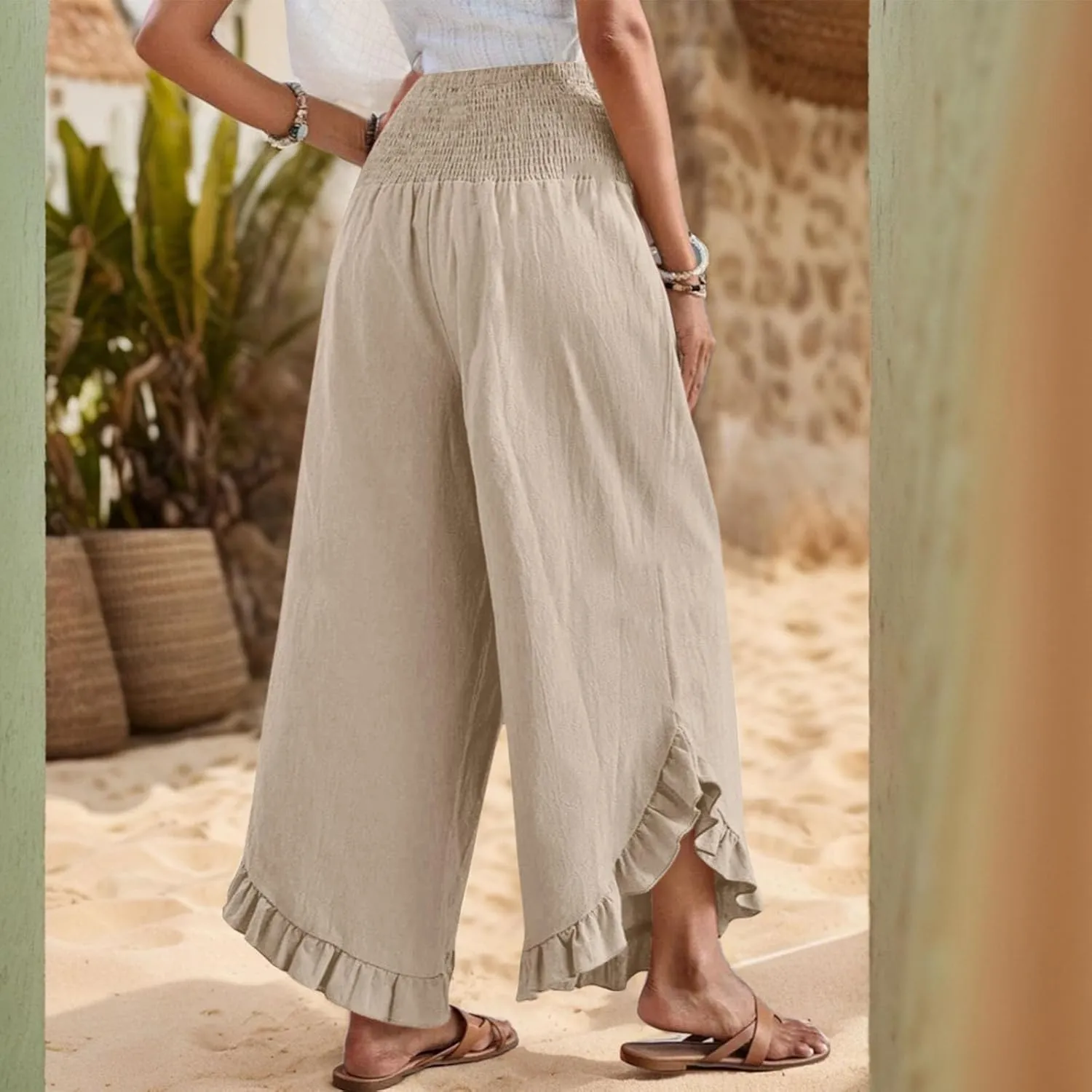 Wide Leg Linen Pants for Women Ruffle Hem Smocked High Waisted Flowy Pants Lightweight Comfy Culottes with Pockets
