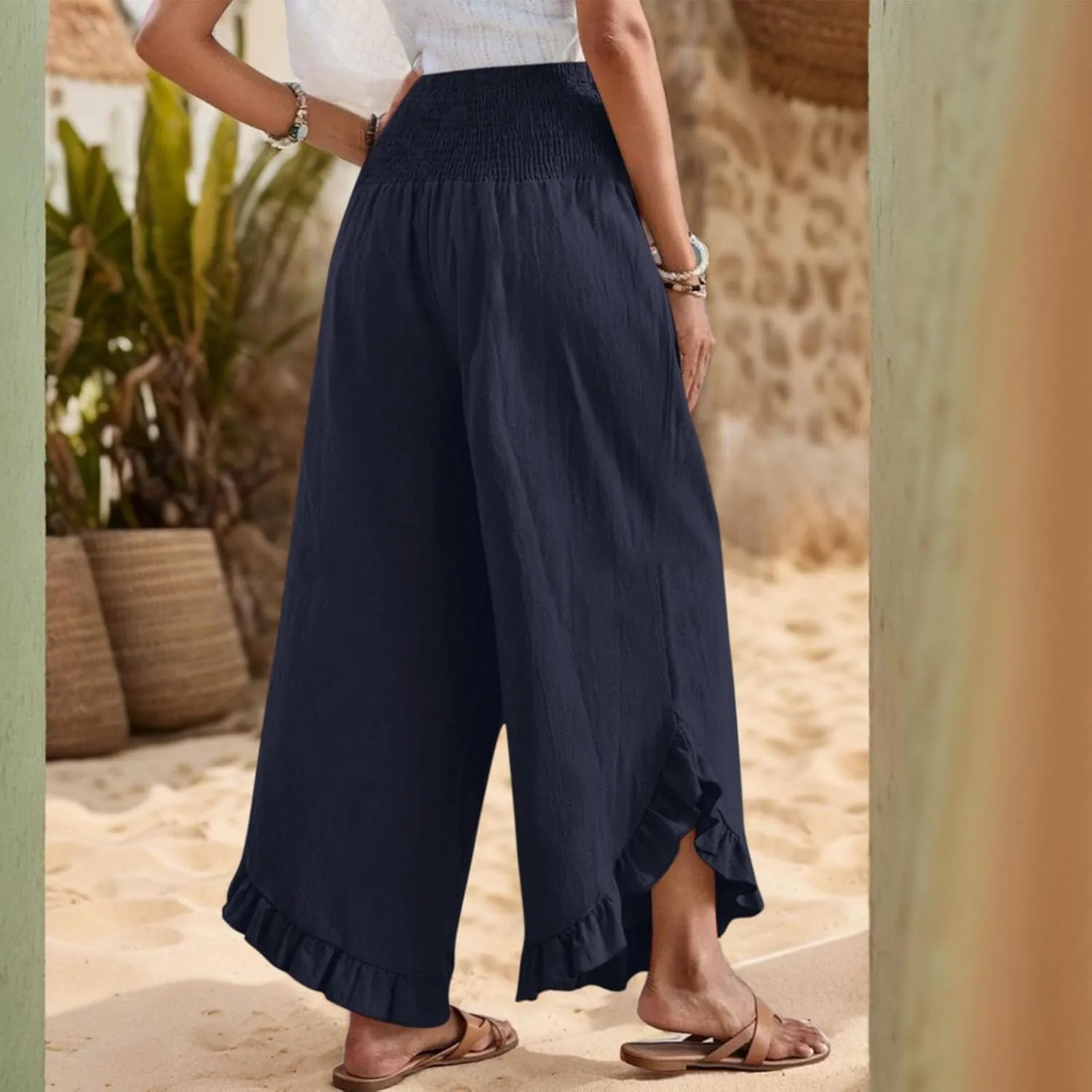 Wide Leg Linen Pants for Women Ruffle Hem Smocked High Waisted Flowy Pants Lightweight Comfy Culottes with Pockets