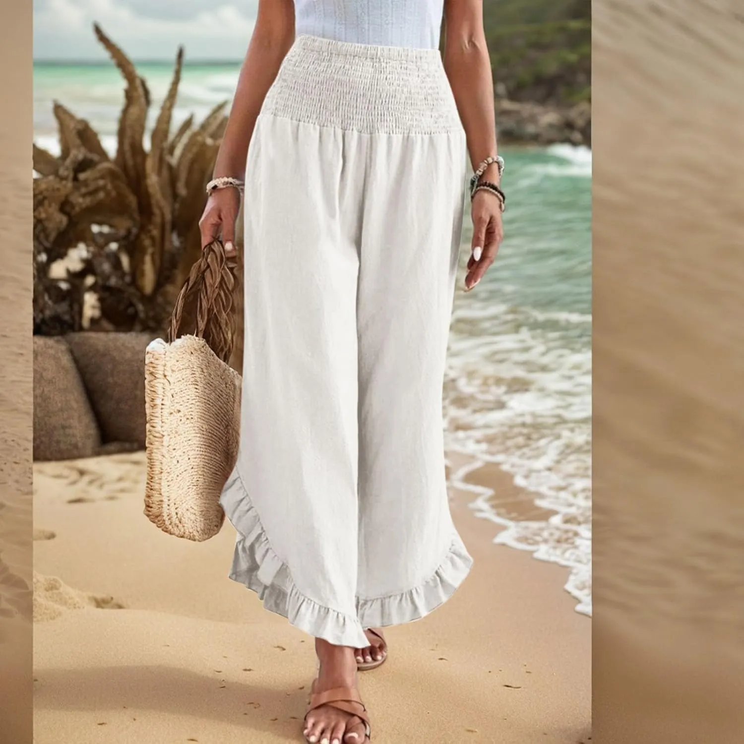 Wide Leg Linen Pants for Women Ruffle Hem Smocked High Waisted Flowy Pants Lightweight Comfy Culottes with Pockets