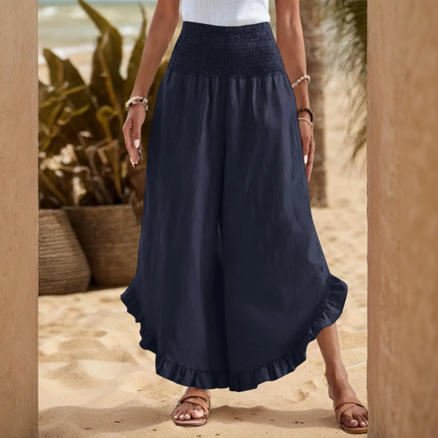 Wide Leg Linen Pants for Women Ruffle Hem Smocked High Waisted Flowy Pants Lightweight Comfy Culottes with Pockets