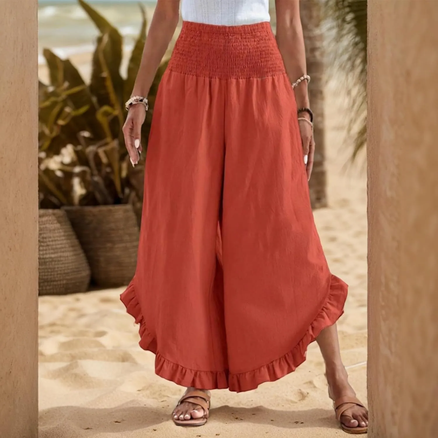 Wide Leg Linen Pants for Women Ruffle Hem Smocked High Waisted Flowy Pants Lightweight Comfy Culottes with Pockets