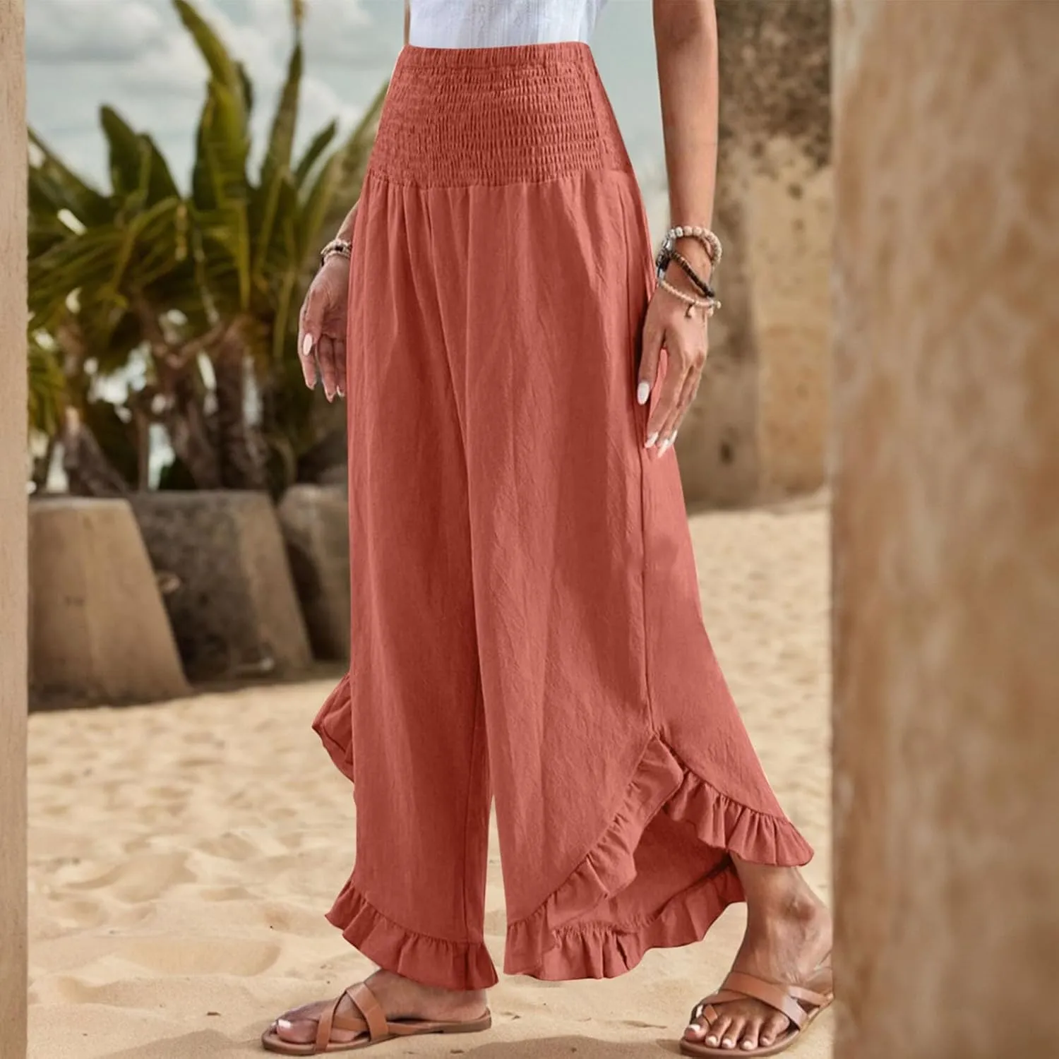 Wide Leg Linen Pants for Women Ruffle Hem Smocked High Waisted Flowy Pants Lightweight Comfy Culottes with Pockets