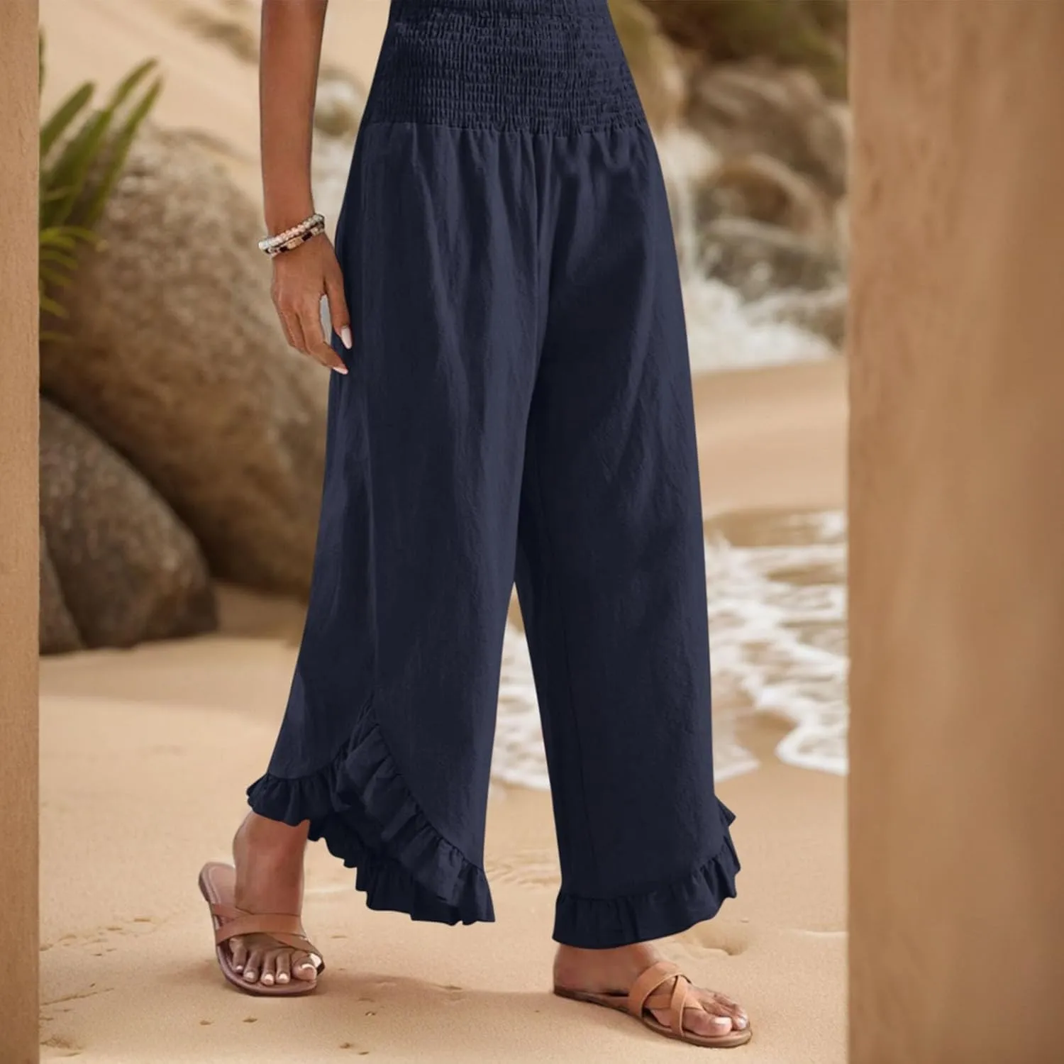 Wide Leg Linen Pants for Women Ruffle Hem Smocked High Waisted Flowy Pants Lightweight Comfy Culottes with Pockets