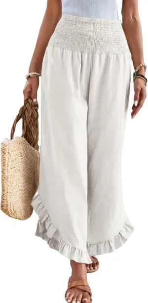 Wide Leg Linen Pants for Women Ruffle Hem Smocked High Waisted Flowy Pants Lightweight Comfy Culottes with Pockets