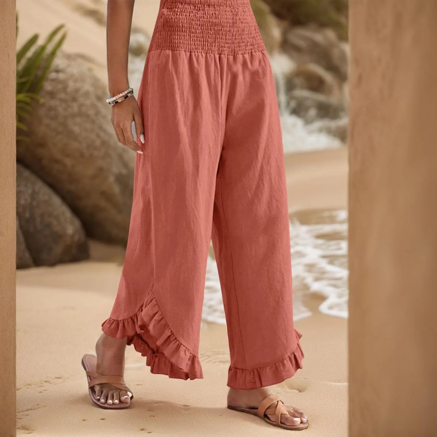 Wide Leg Linen Pants for Women Ruffle Hem Smocked High Waisted Flowy Pants Lightweight Comfy Culottes with Pockets