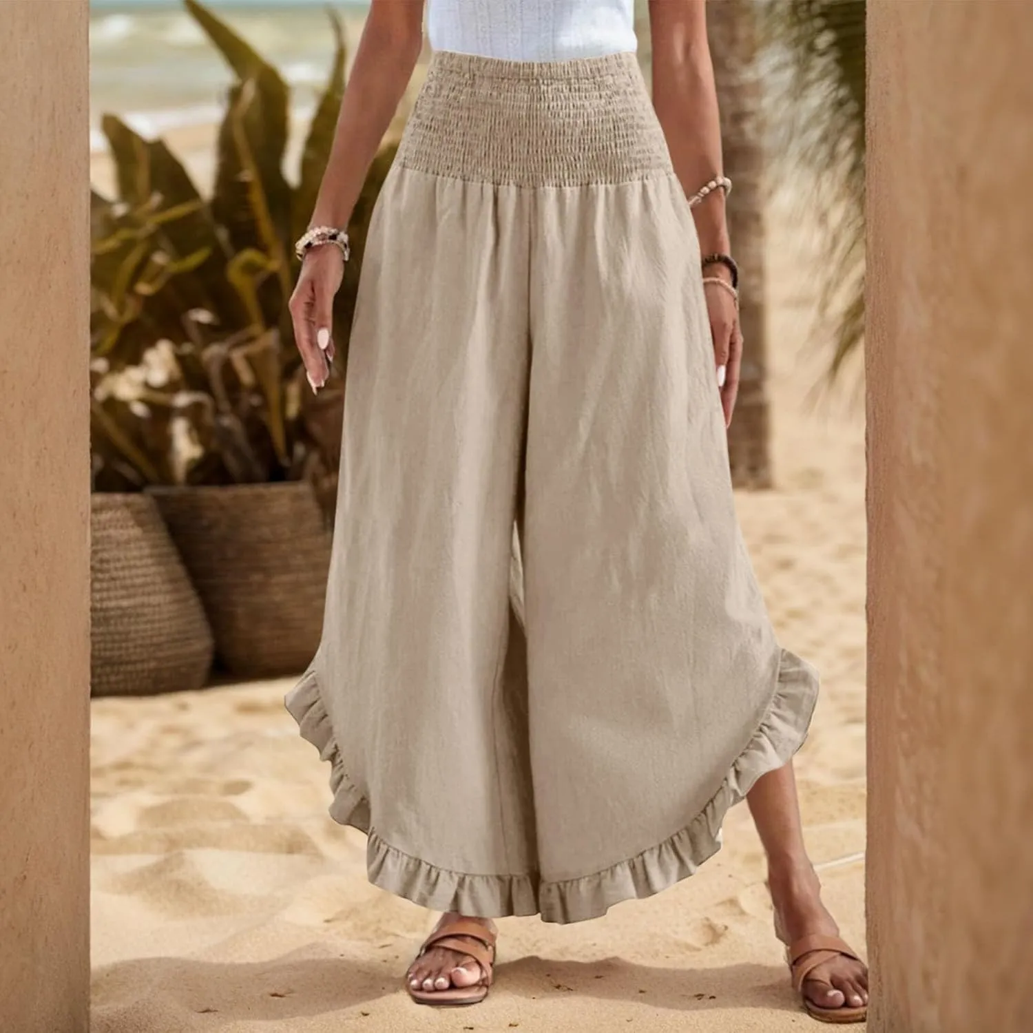 Wide Leg Linen Pants for Women Ruffle Hem Smocked High Waisted Flowy Pants Lightweight Comfy Culottes with Pockets