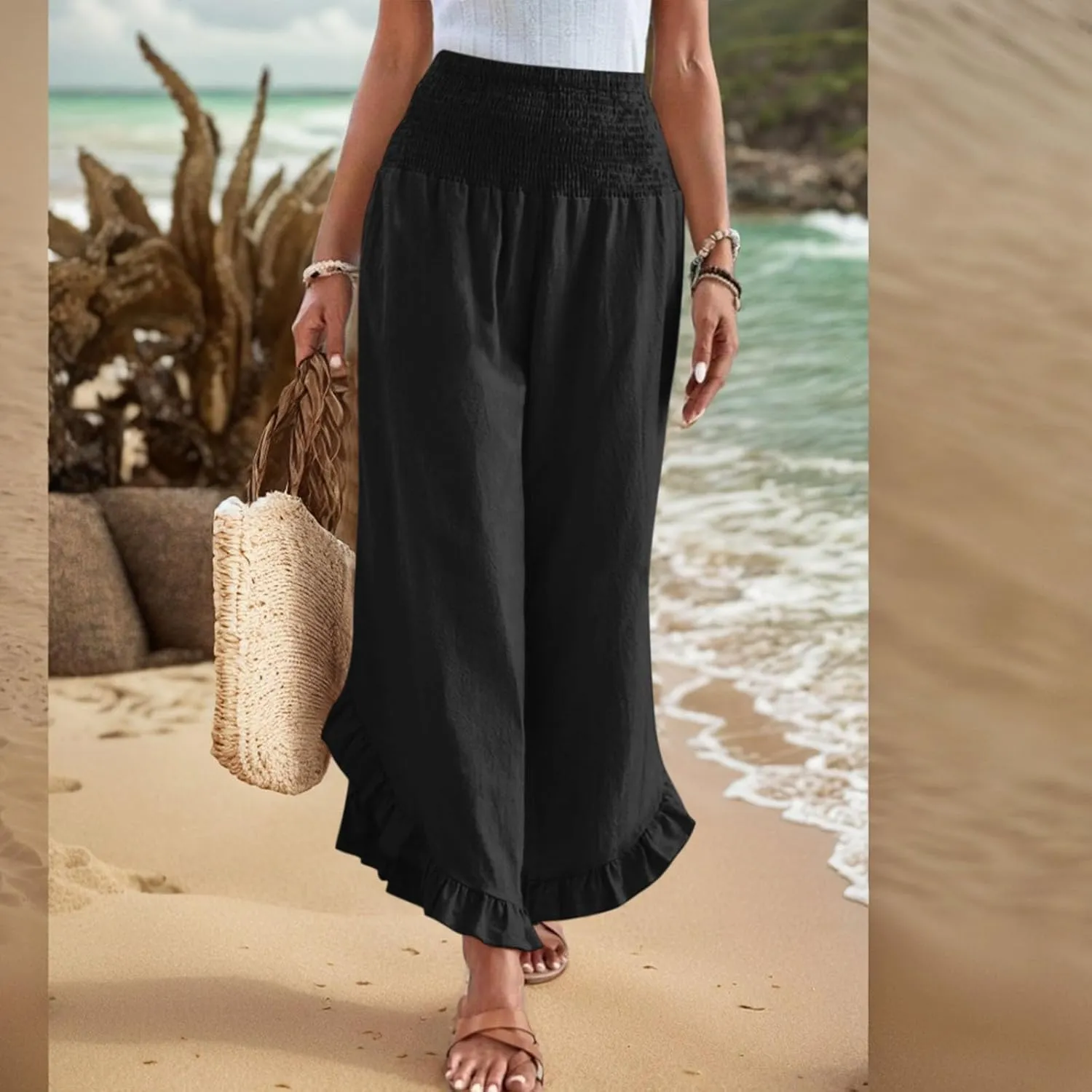 Wide Leg Linen Pants for Women Ruffle Hem Smocked High Waisted Flowy Pants Lightweight Comfy Culottes with Pockets