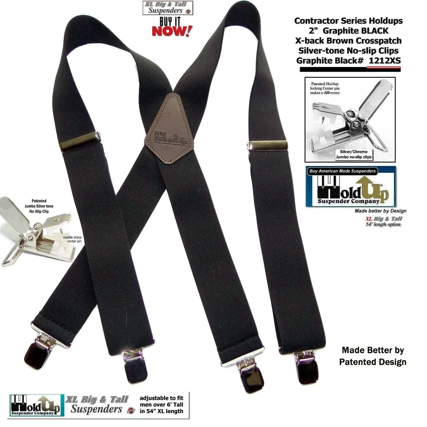 Wide XL Big and Tall Graphite Black Work Suspenders with Patented Silver tone Jumbo No-slip Clips