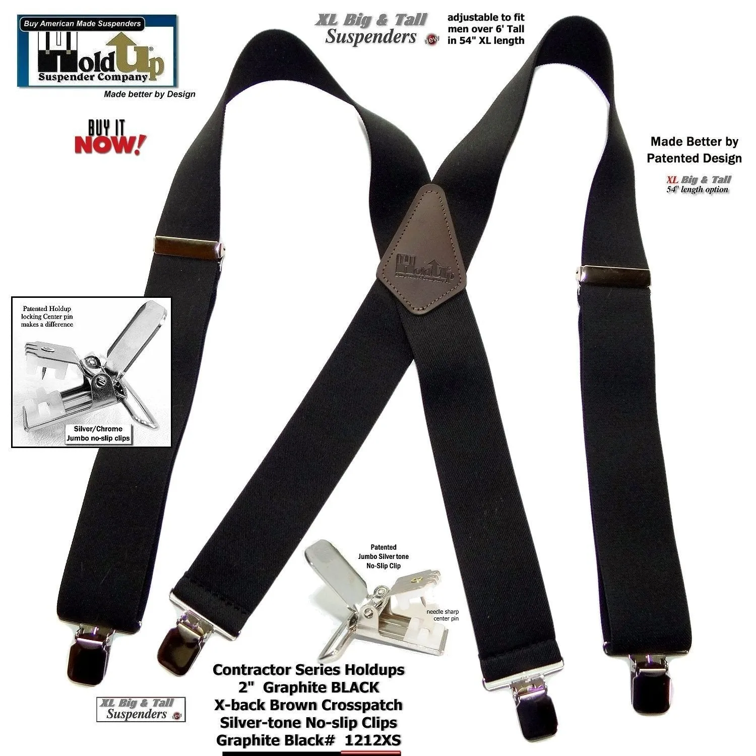Wide XL Big and Tall Graphite Black Work Suspenders with Patented Silver tone Jumbo No-slip Clips