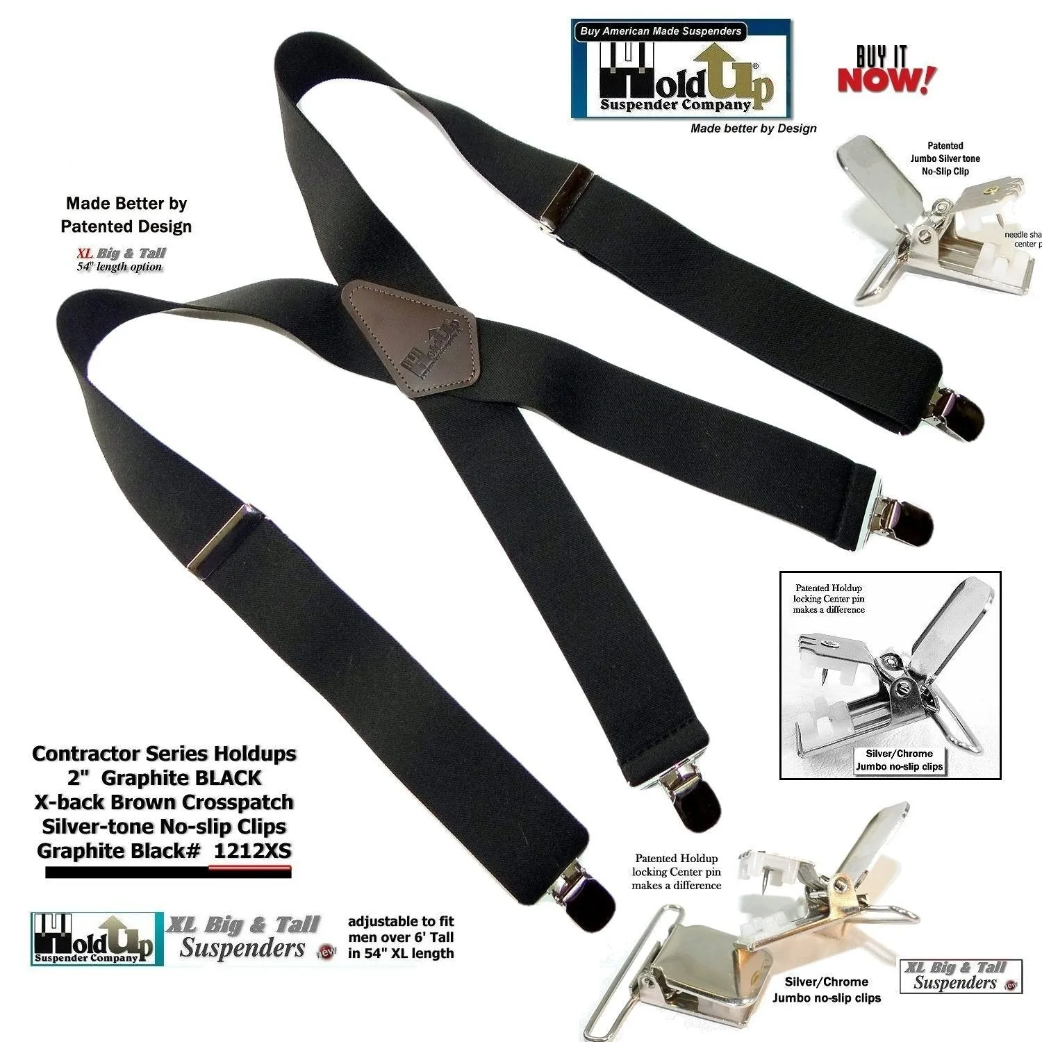 Wide XL Big and Tall Graphite Black Work Suspenders with Patented Silver tone Jumbo No-slip Clips