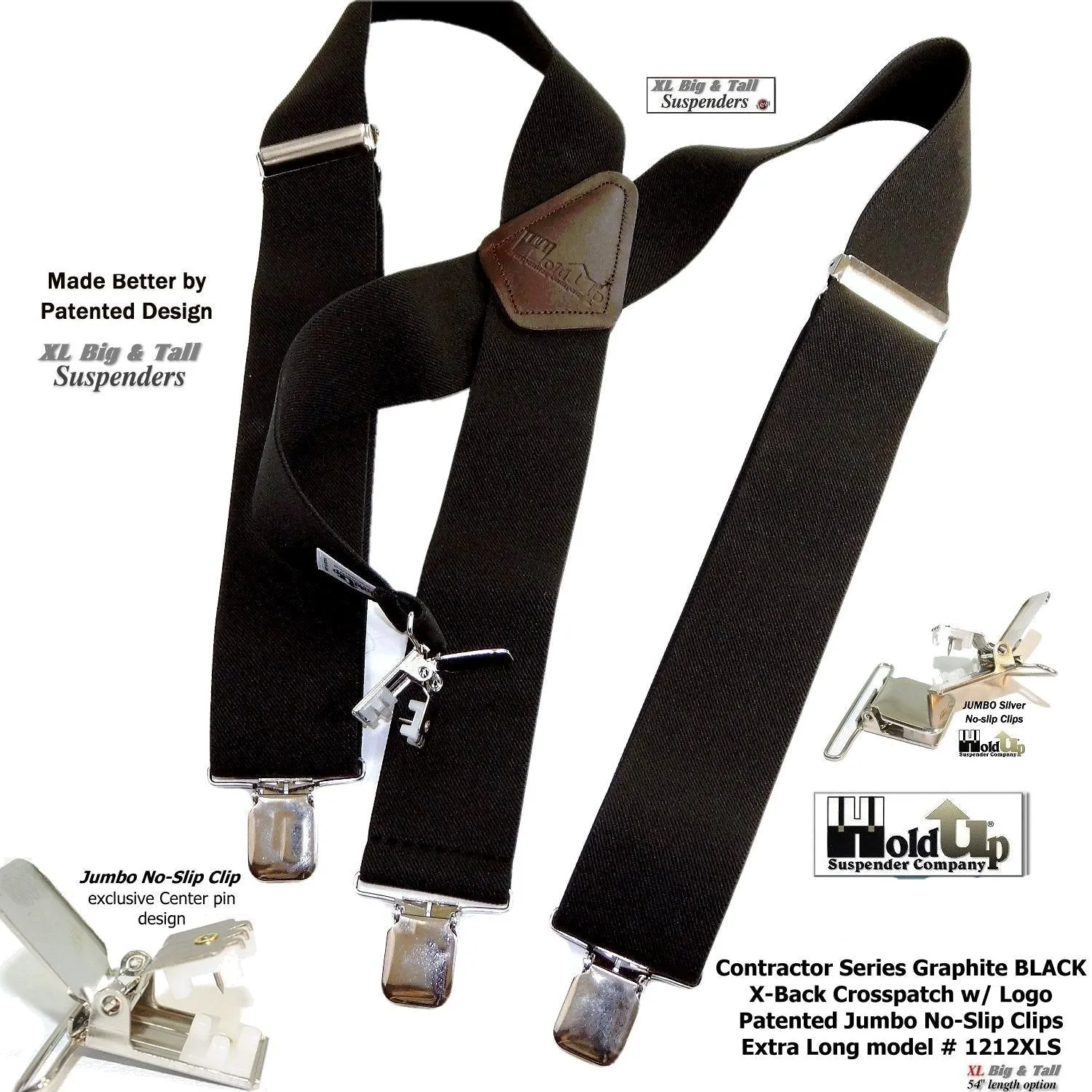 Wide XL Big and Tall Graphite Black Work Suspenders with Patented Silver tone Jumbo No-slip Clips