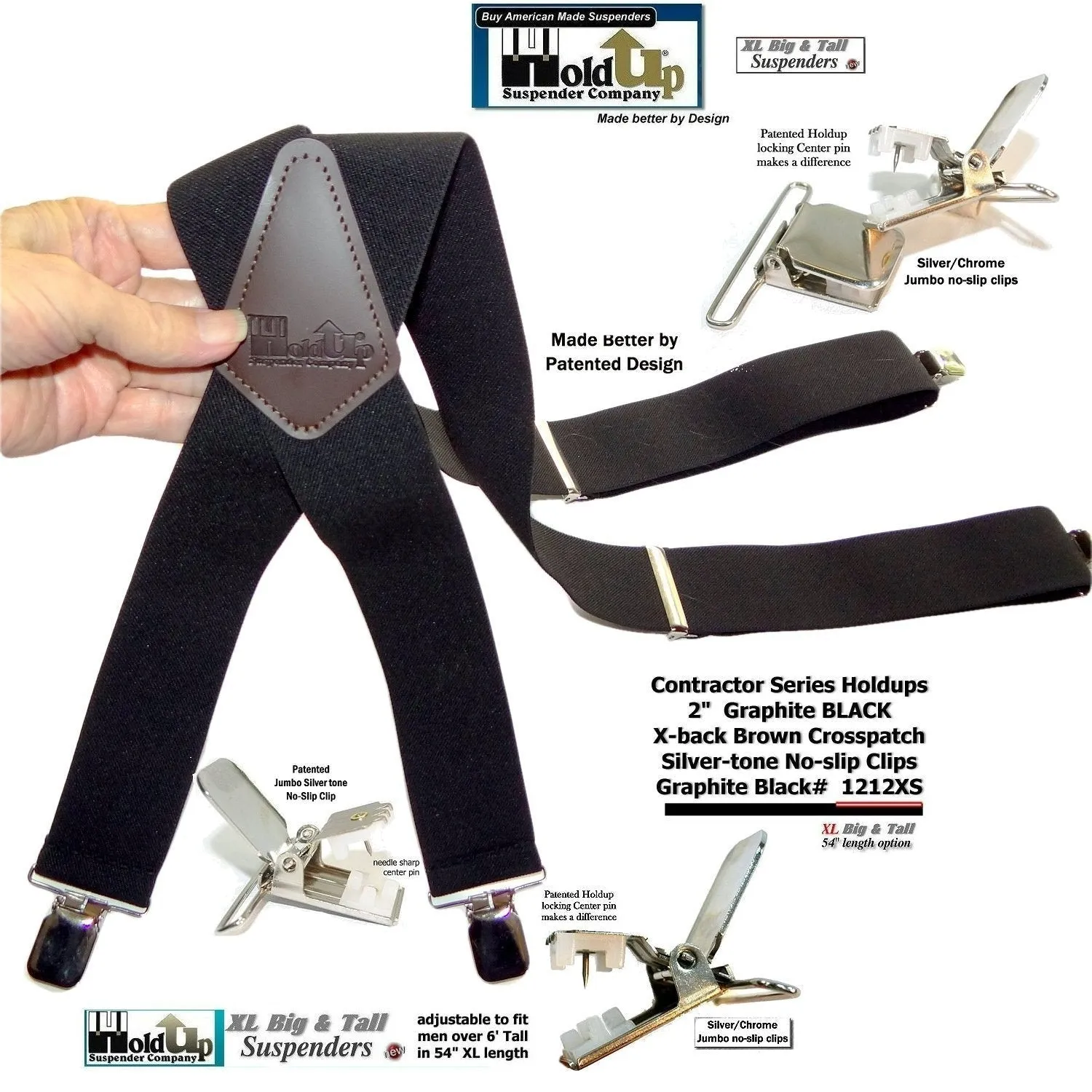 Wide XL Big and Tall Graphite Black Work Suspenders with Patented Silver tone Jumbo No-slip Clips